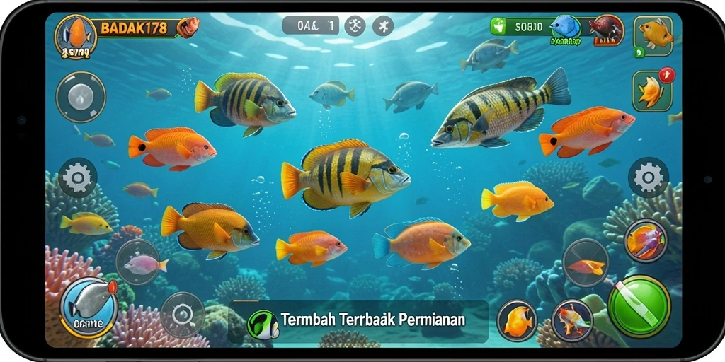 Screenshot menunjukkan karakter utama menembak ikan di laut biru.