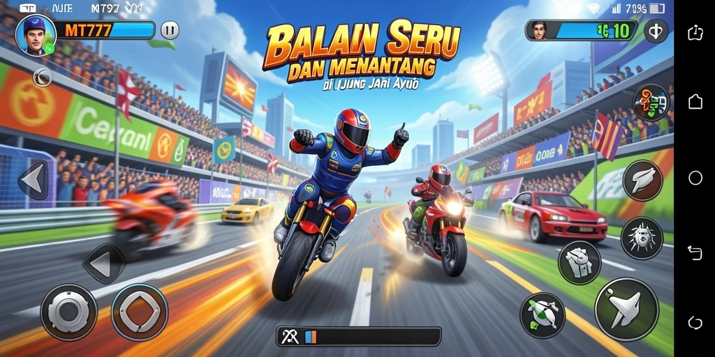 Gameplay dinamis dengan mobil balap cepat dan trek menantang.