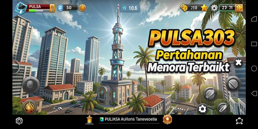Tampilan gameplay PULSA303 yang menampilkan menara pertahanan yang beragam.
