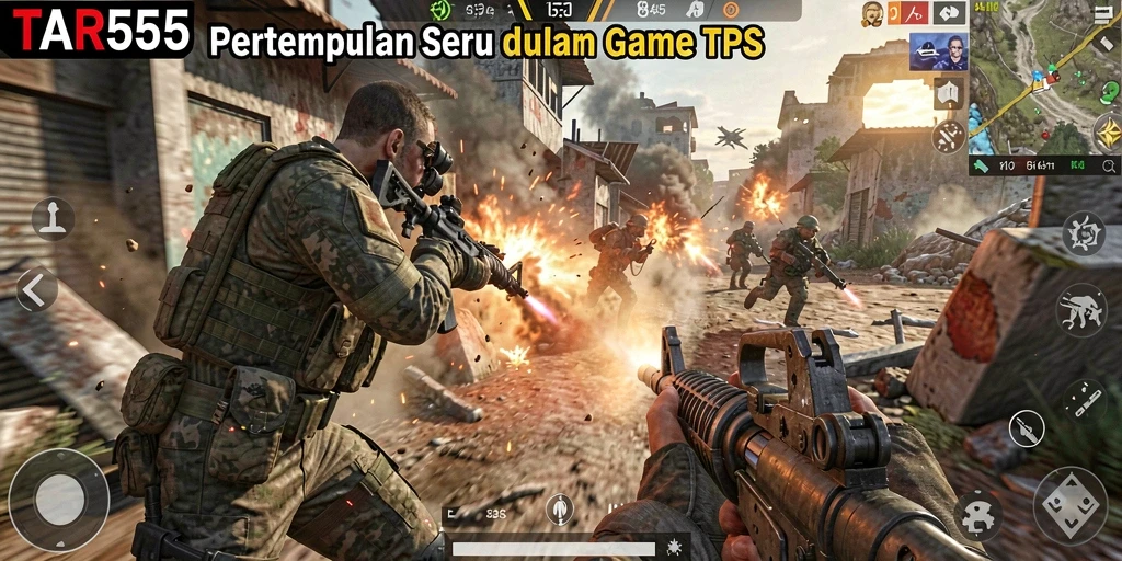 Screenshot utama TAR555 menampilkan pertempuran TPS yang menegangkan.