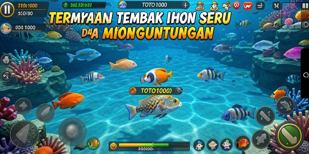 Tangkapan layar gameplay TOTO1000 menampilkan aksi seru menembak ikan.